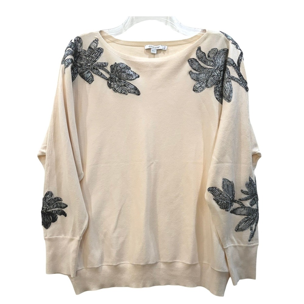 Chicos Cream Metallic Silver Embroidered Floral Sweater 3 / XL Long Sleeve‎ Knit